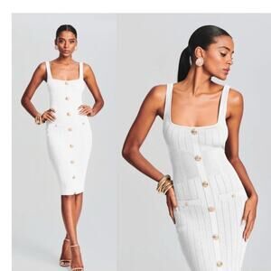Retrofete White Ribbed Midi Dress with Buttons